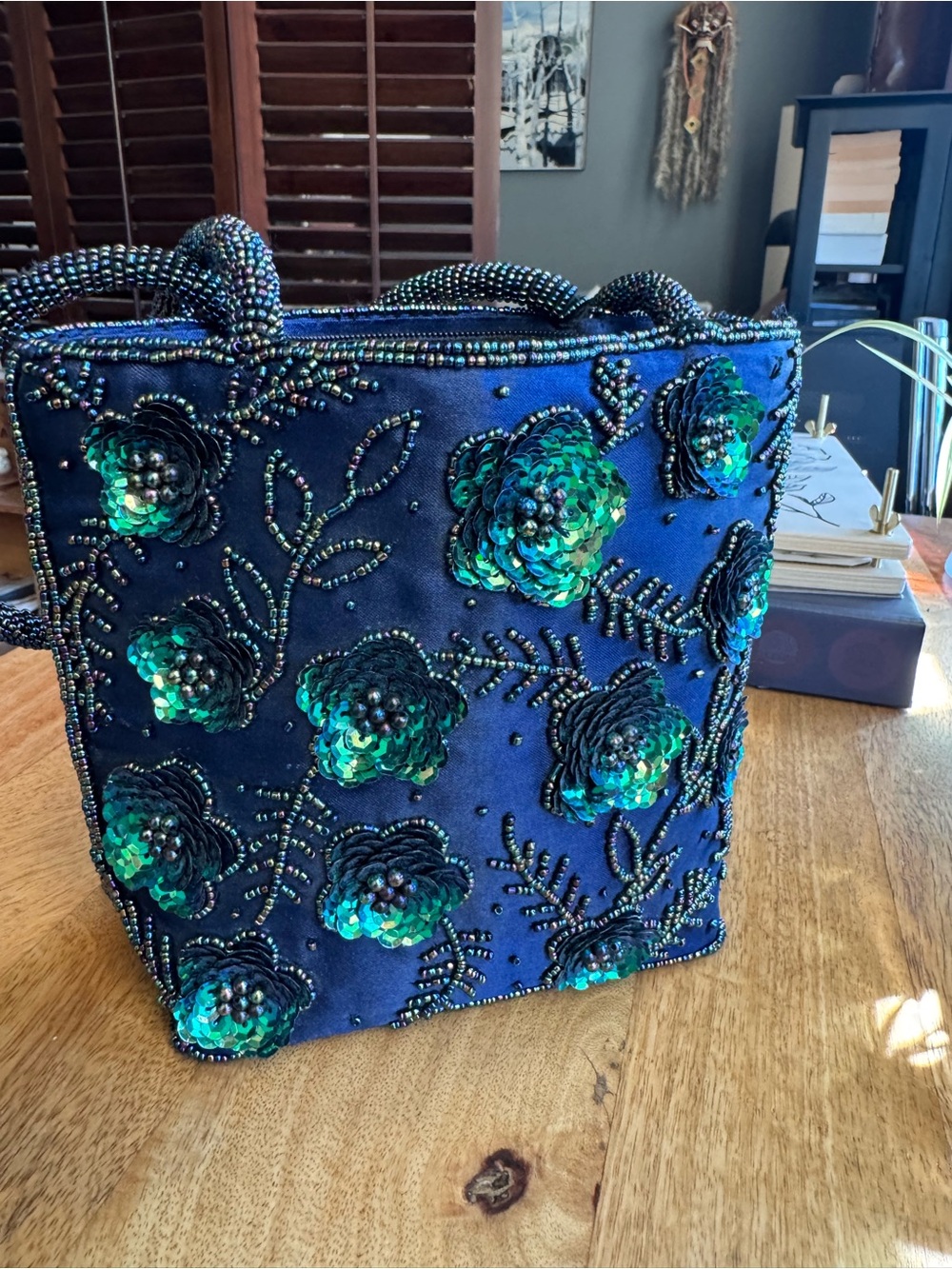 Magid Navy Mini Bag with Emerald Sequin Floral Embellishments